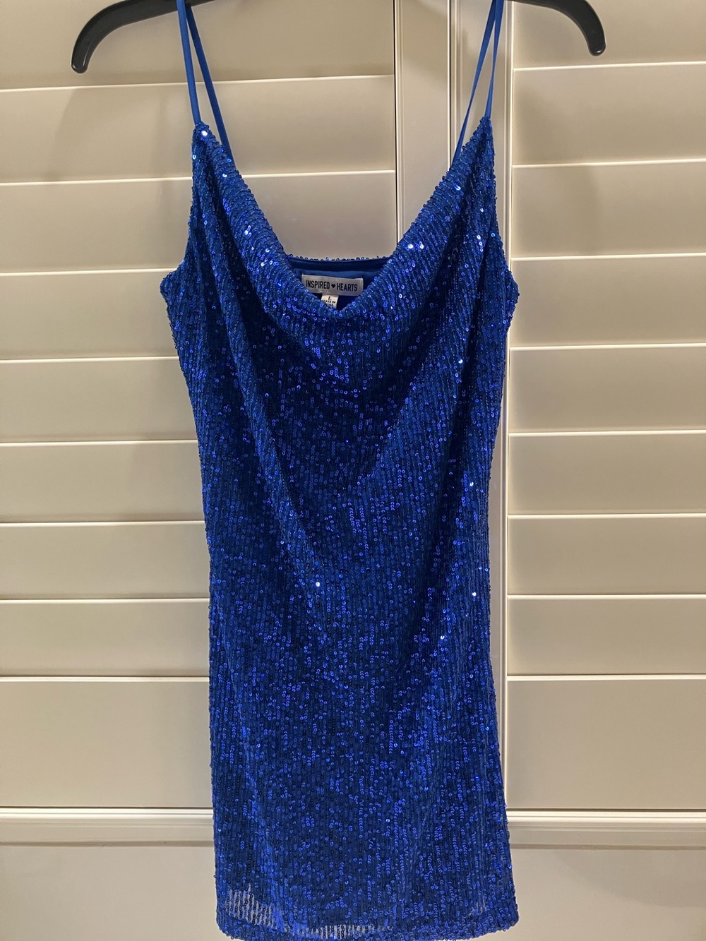 Inspired Hearts Cobalt Sequin Cowl Neck Mini Dress